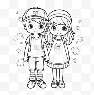 可爱的男孩和女孩着色页轮廓素描 向量