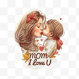 美丽母亲节图片_卡通插画母亲亲吻孩子花卉爱心母
