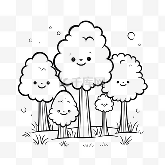 花瓣表情图片素材_卡通树着色页可爱的树在阳光下轮廓素描画 向量