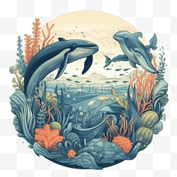 清澈海底图片_鲸鱼海底海洋日插画