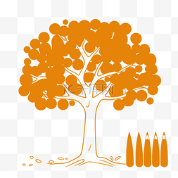 带橙色圆圈和橙色铅笔的树轮廓草