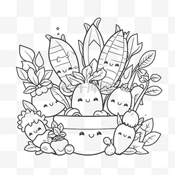 水果黑白线稿图片_可爱的植物和水果儿童着色页轮廓