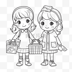 素描购物图片_杂货店里的两个小女孩着色页轮廓