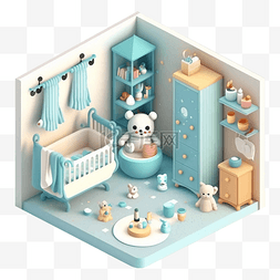 3d房间模型婴儿房浅蓝色图案