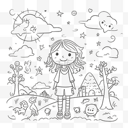 线条灵感图片_有树和星星的女孩用手绘插图着色