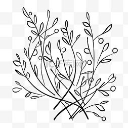 树叶和花朵轮廓素描的黑白插图 