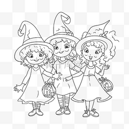 黑白轮廓素描中的三个女巫着色页