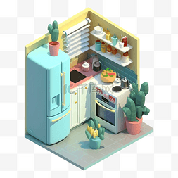 插画手机模型图片_3d房间模型厨房绿植图案