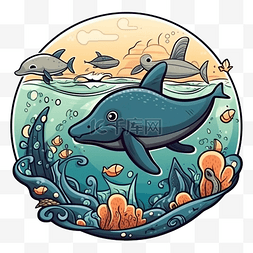 海洋主题图案图片_海洋日海豚游泳图案