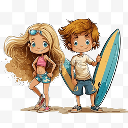 卡通夏天炎热图片_夏天沙滩小孩冲浪板卡通风格