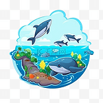 海洋日鲸鱼鲨鱼蓝色卡通图贴