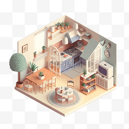 修片素材图片_暖色家具绿色植物起居室厨房等距