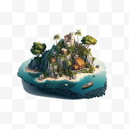 海上的岛屿别墅棕榈蓝色海洋25d模
