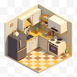 科技房间模型图片_3d房间模型厨房黄棕色格子地板图