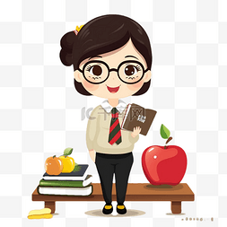 教师节桌子红色苹果插画卡通