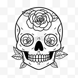 头骨和玫瑰图片_白色背景上有玫瑰的头骨轮廓草图