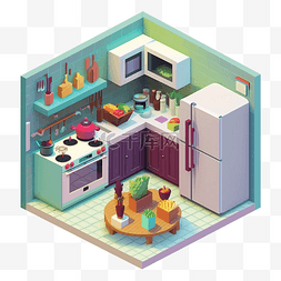 建筑楼梯插画图片_3d房间模型厨房紫绿色图案