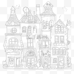 涂鸦城镇和房屋着色页轮廓素描 