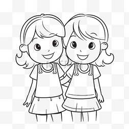 两个小女孩着色页轮廓素描 向量