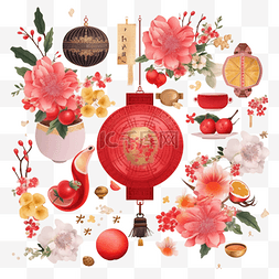 春节红色灯笼粉色花装饰真实效果