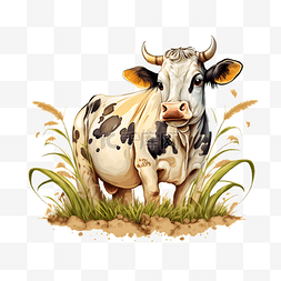 可爱的小牛图案图片_奶牛草地动物插画