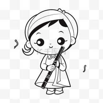 拿着长笛的女孩着色图片轮廓素描 向量