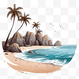 树木沙滩图片_沙滩椰树石头插画