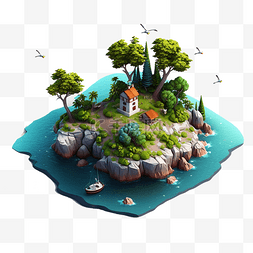 游戏浮岛图片_海景帆船流动的水小岛等距风格25d