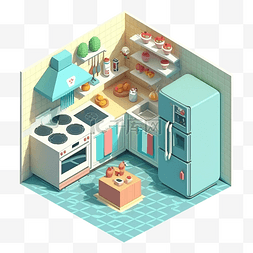 3d房间模型厨房黄蓝色图案