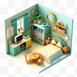 房间模型3d绿色温馨图案