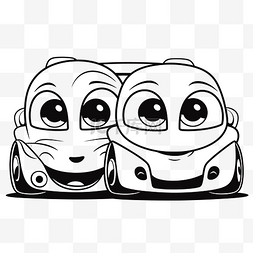 两辆快乐的汽车着色页轮廓素描 