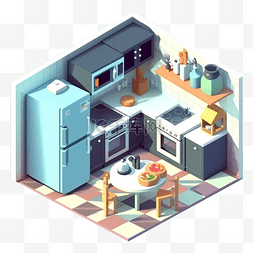 3d房间模型厨房彩色格子地板图案