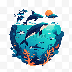 插画海洋元素图片_鱼群庆祝海洋日插图
