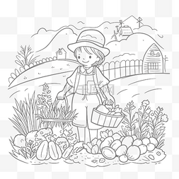 线描篮子图片_农场场景着色页，包括一个农民带