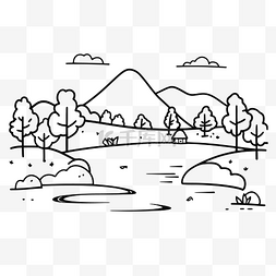 黑色和白色的轮廓图片_景观轮廓与树木和河流涂鸦轮廓素