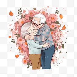 老人拥抱插画图片_祖父母日拥抱花朵卡通