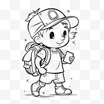 背着背包上学的卡通小男孩着色页轮廓素描 向量