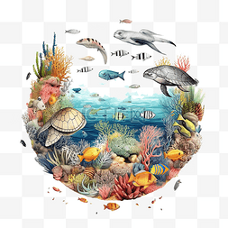 彩色方形剪纸图片_海洋日彩色海龟