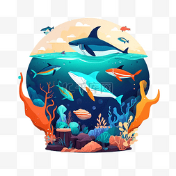 蓝色卡通海底图片_鱼海里生物插画