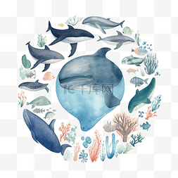 海洋鲨鱼海豚图片_海洋日鲸鱼水彩卡通