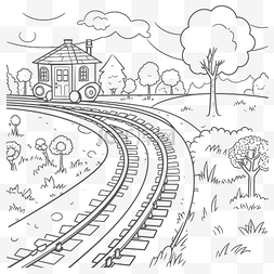 轨道和火车图片_火车轨道上有房子着色页轮廓草图