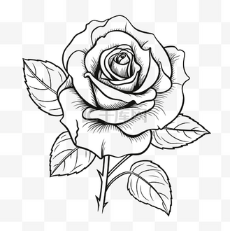 花瓣黑白图片素材_带叶的玫瑰花黑白轮廓素描 向量