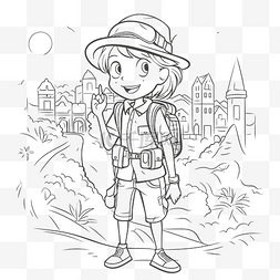 男孩探险家与背包着色页轮廓素描