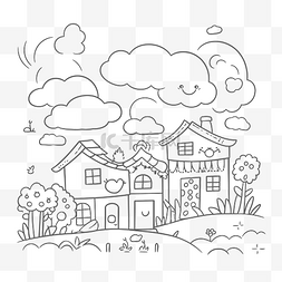 自然环境线条图片_卡通着色页与房子在背景轮廓素描