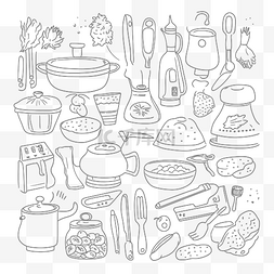烹饪设备和小工具的涂鸦图设置黑