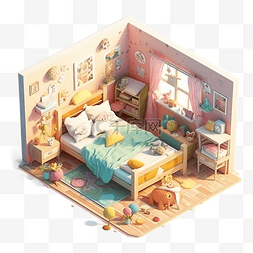 卧室粉色可爱卡通立体插画