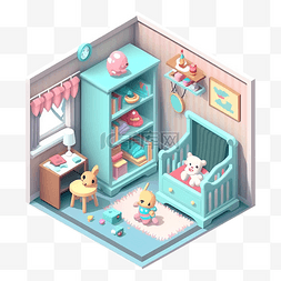 建筑楼梯插画图片_3d房间模型婴儿房粉蓝色图案