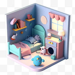 房间模型立体蓝粉色图案