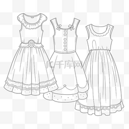 三种不同类型的连衣裙的着色页轮