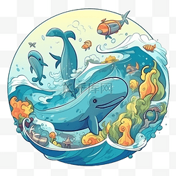 蓝色海洋卡通图片_海洋日环保海浪卡通